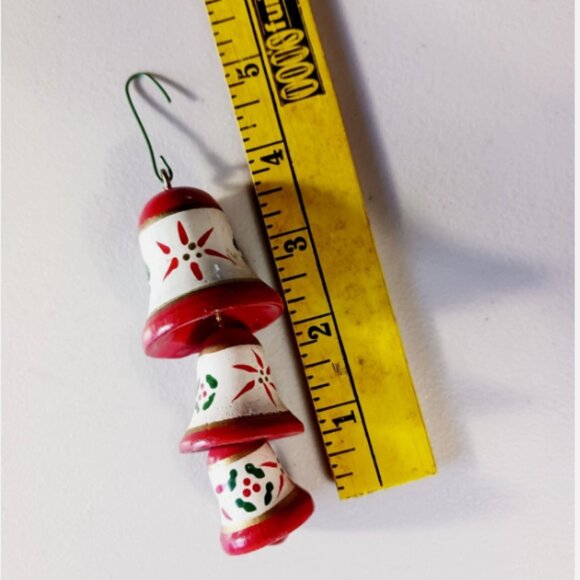 Vintage Christmas Bell Ornament Triple Bells Nested Hand Painted Wood Taiwan - Picture 6 of 7